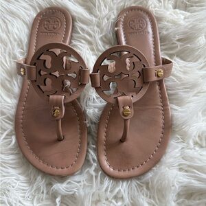 Tory Burch Tan Miller Sandals with Signature Medallion